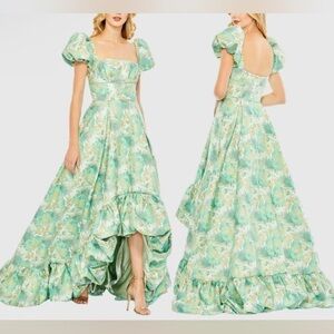 NWT MAC DUGGAL # 68276 Floral Print Puff Sleeve High Low Brocade Gown Size 12